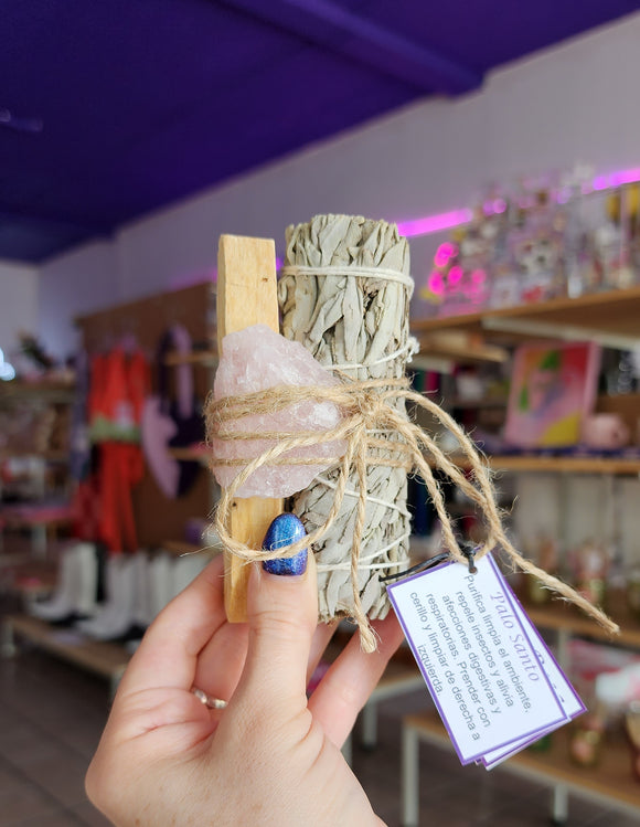 KIT DE PALO SANTO, SALVIA Y CUARZO ROSA