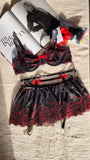 CONJUNTO ENCAJE NEGRO CON FLORES ROJAS Y LIGERO